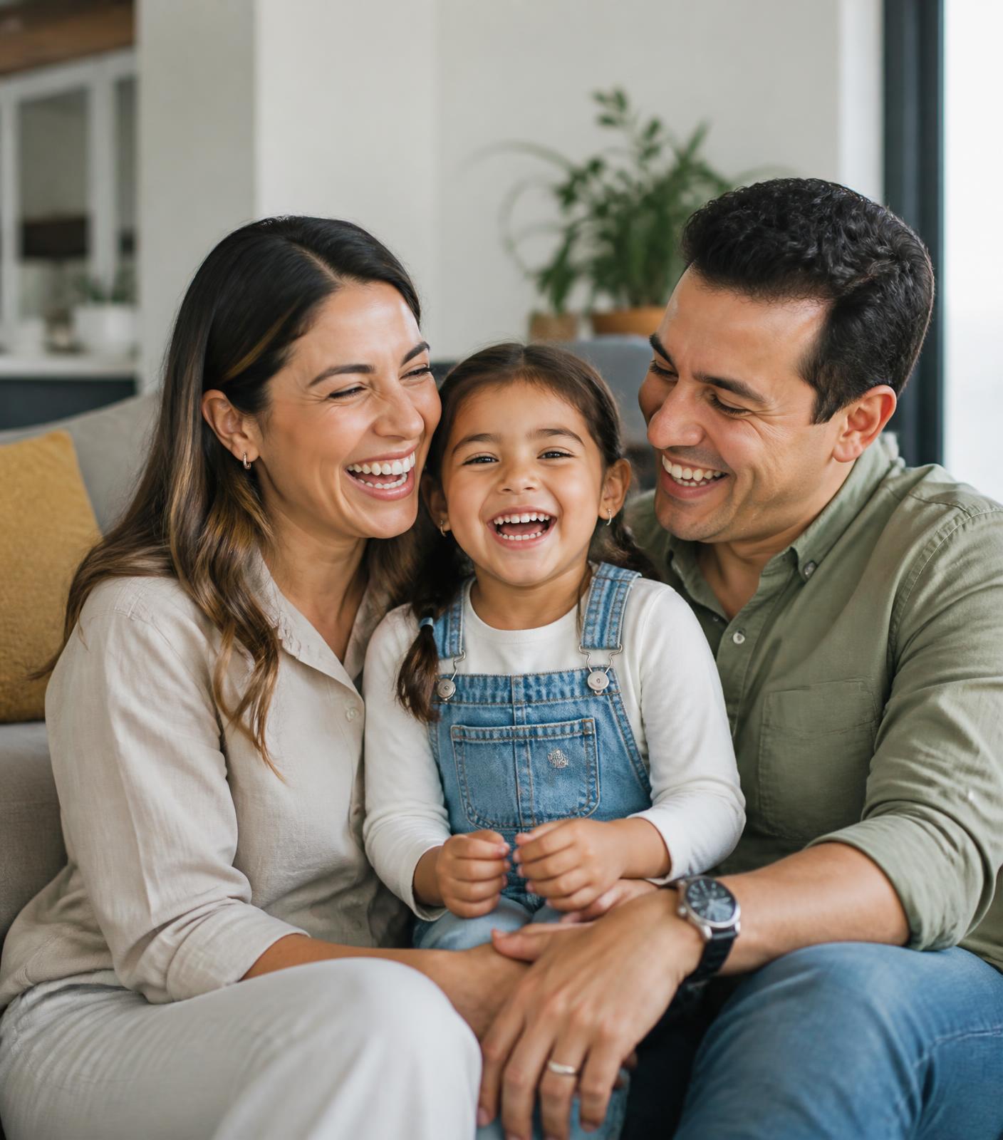 Familia sonriendo en casa, protegida por Avanta